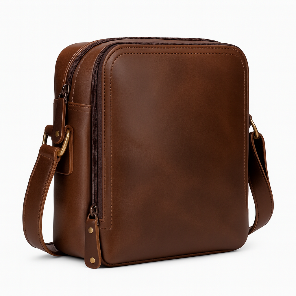 Full‑Grain Leather Unisex Sling Bag – Compact Crossbody with Dual Zippers